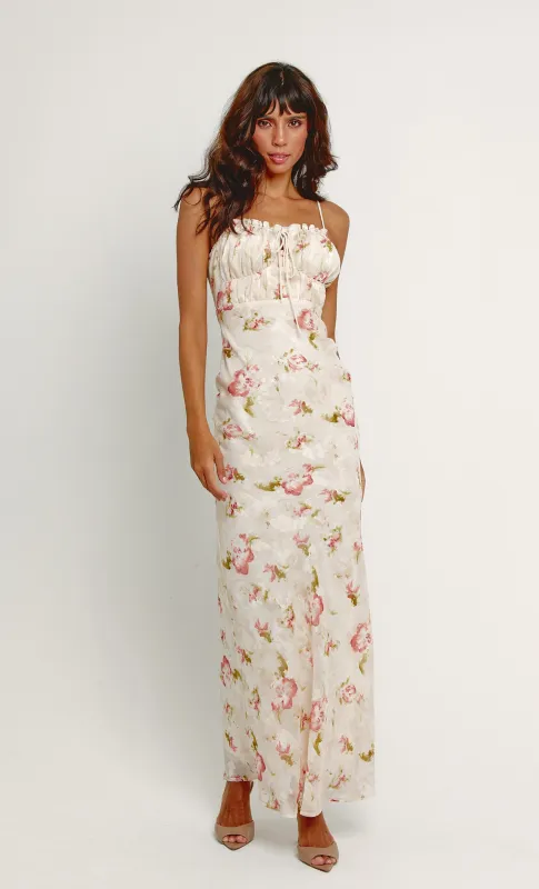 Cream Floral Tie Front Maxi Dress sold by Rare London