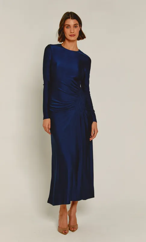 Navy Ruched Long Sleeve Maxi Dress sold by Rare London