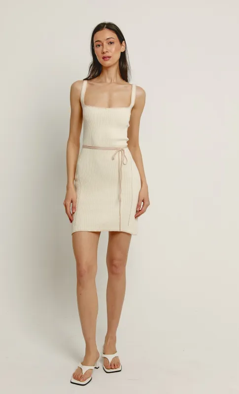 Cream Rib Knit Organic Cotton Mini Dress with Tie Detail sold by Rare London