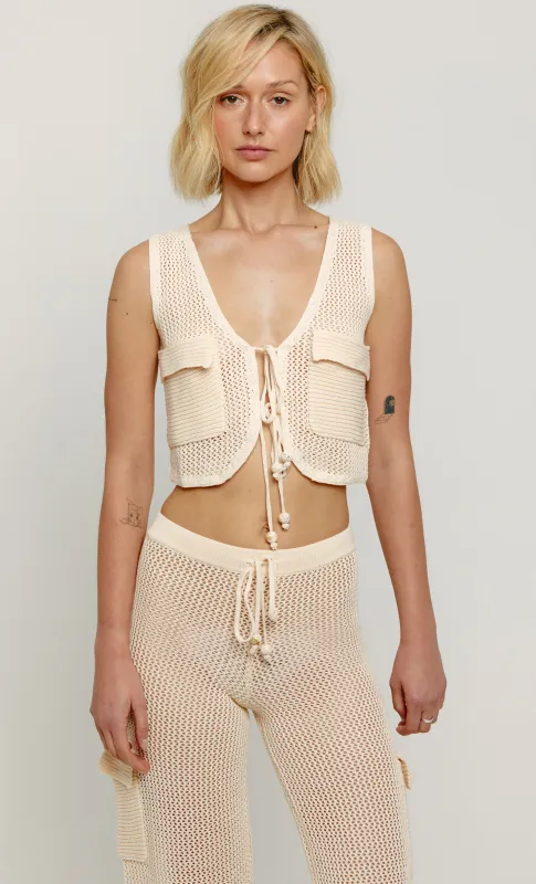 Cream Knit Vest with Cargo Pockets and Tie Detail sold by Rare London