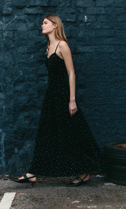 Black Velvet Ditsy Floral Maxi Dress sold by Rare London