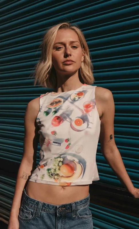 White Picnic Print Mesh Top sold by Rare London