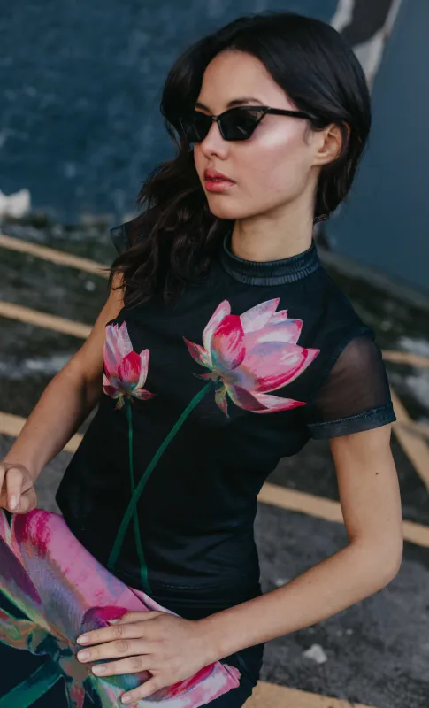 Black Digital Print Flower Mesh Top made by Another Girl