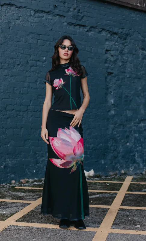 Black Digital Print Flower Mesh Maxi Skirt sold by Rare London