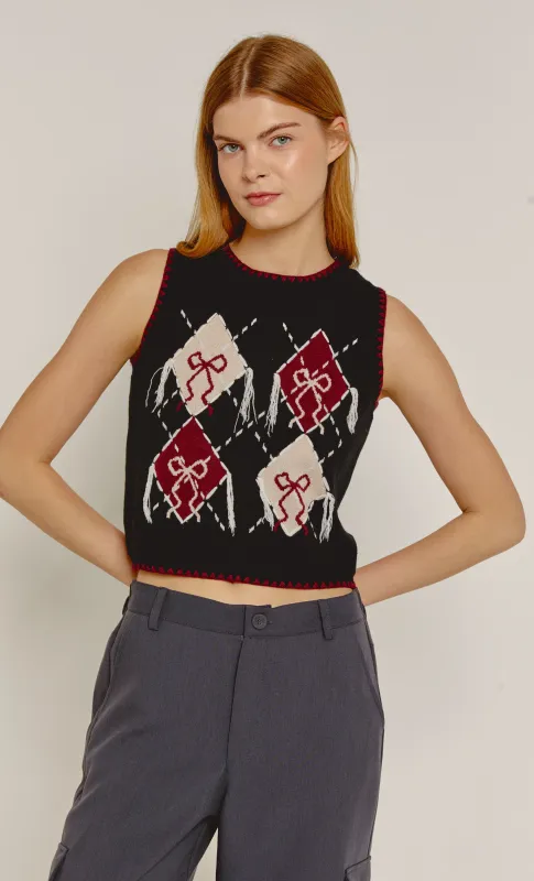 Black Bow Argyle Sleeveless Knit Top sold by Rare London