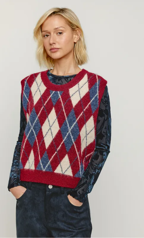 Red Argyle Knit Vest Top sold by Rare London