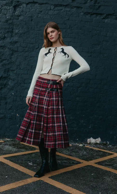 Red Tartan Buckle Detail Midi Skirt sold by Rare London