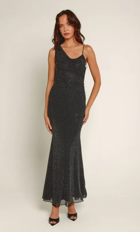 Black Diamanté Mesh Cowl Maxi Dress sold by Rare London