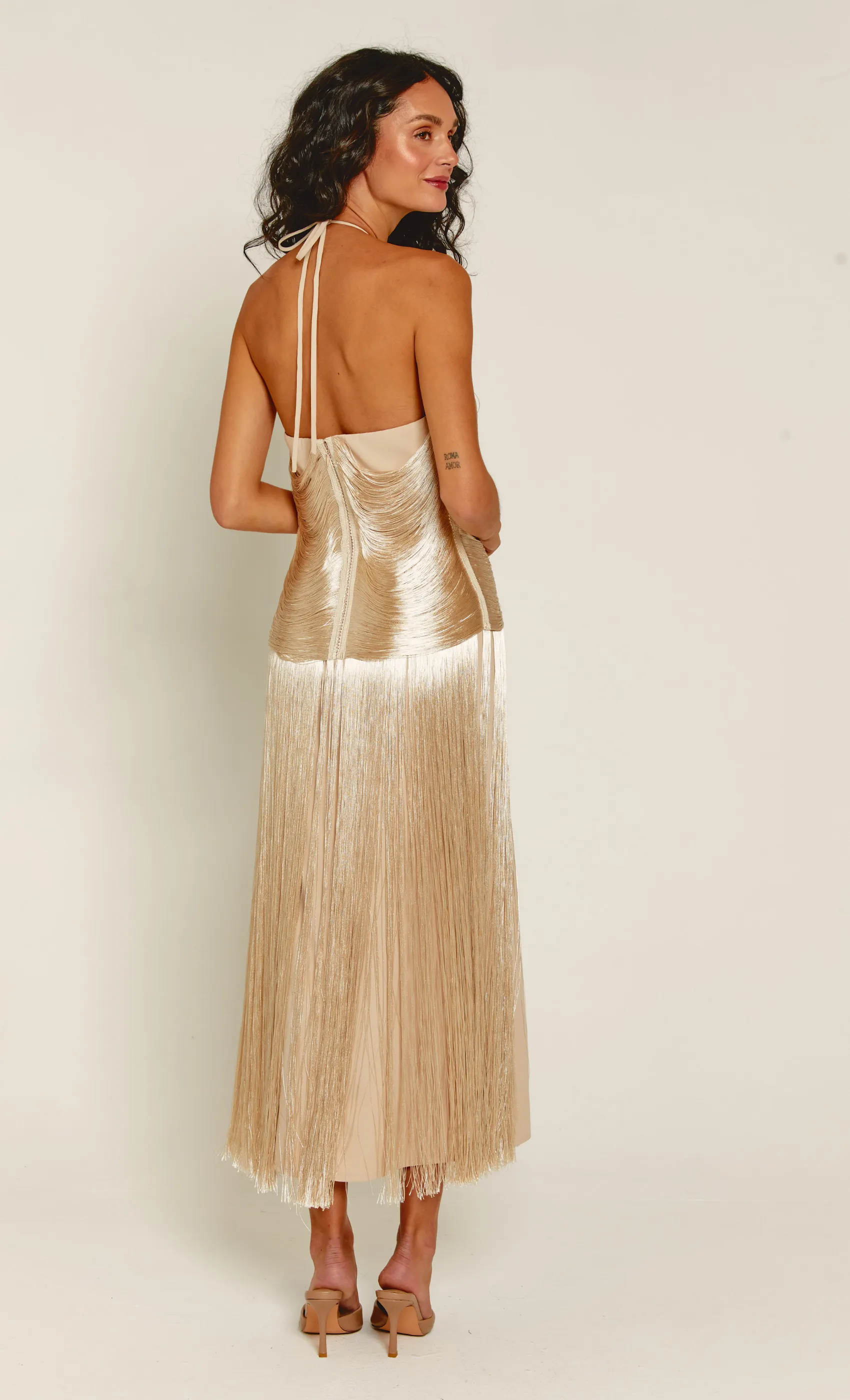 Champagne Halter Fringe Midaxi Dress sold by Rare London product image thumbnail 2