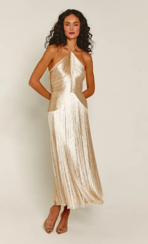Champagne Halter Fringe Midaxi Dress made by Rare London