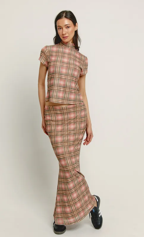 Pink Checkered Mesh Maxi Skirt sold by Rare London