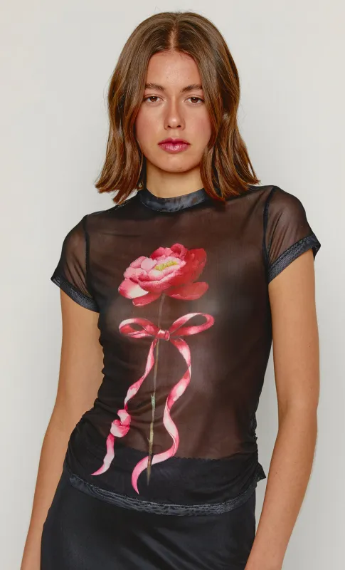 Black Digital Rose Mesh Flower Top sold by Rare London