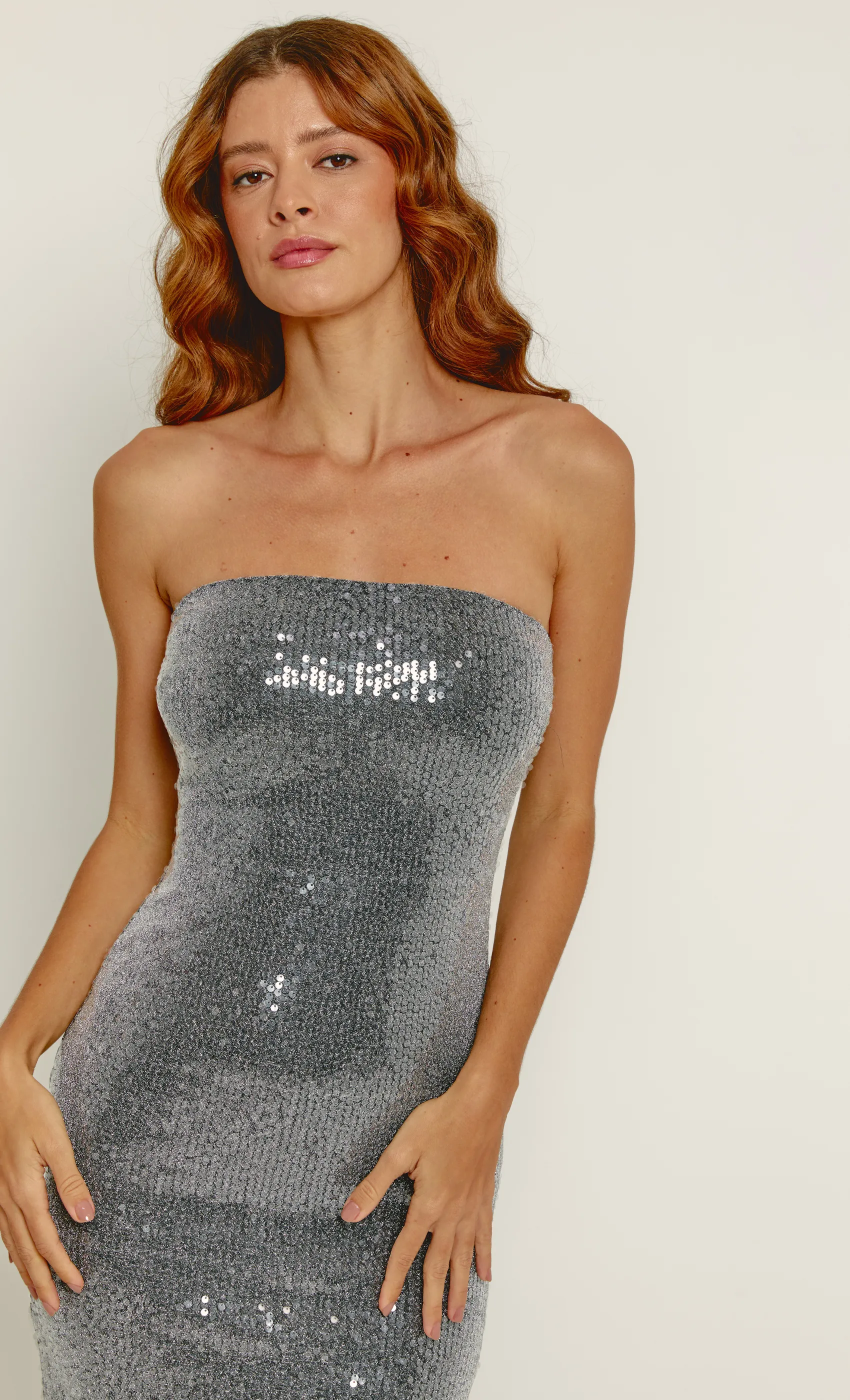 Silver Sequin Bandeau Maxi Dress sold by Rare London product image thumbnail 3