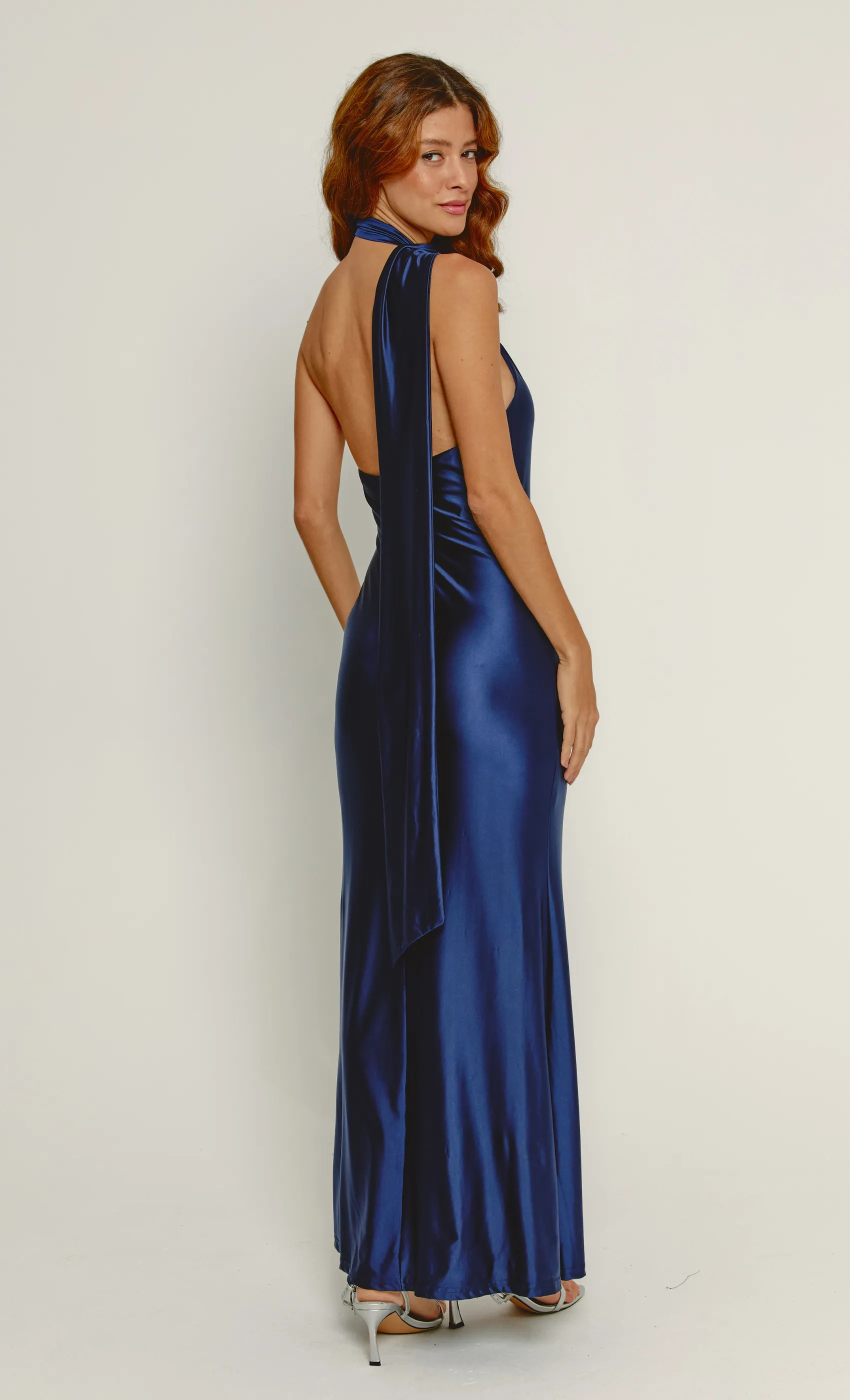 Navy Asymmetric Scarf Maxi Dress sold by Rare London product image thumbnail 5