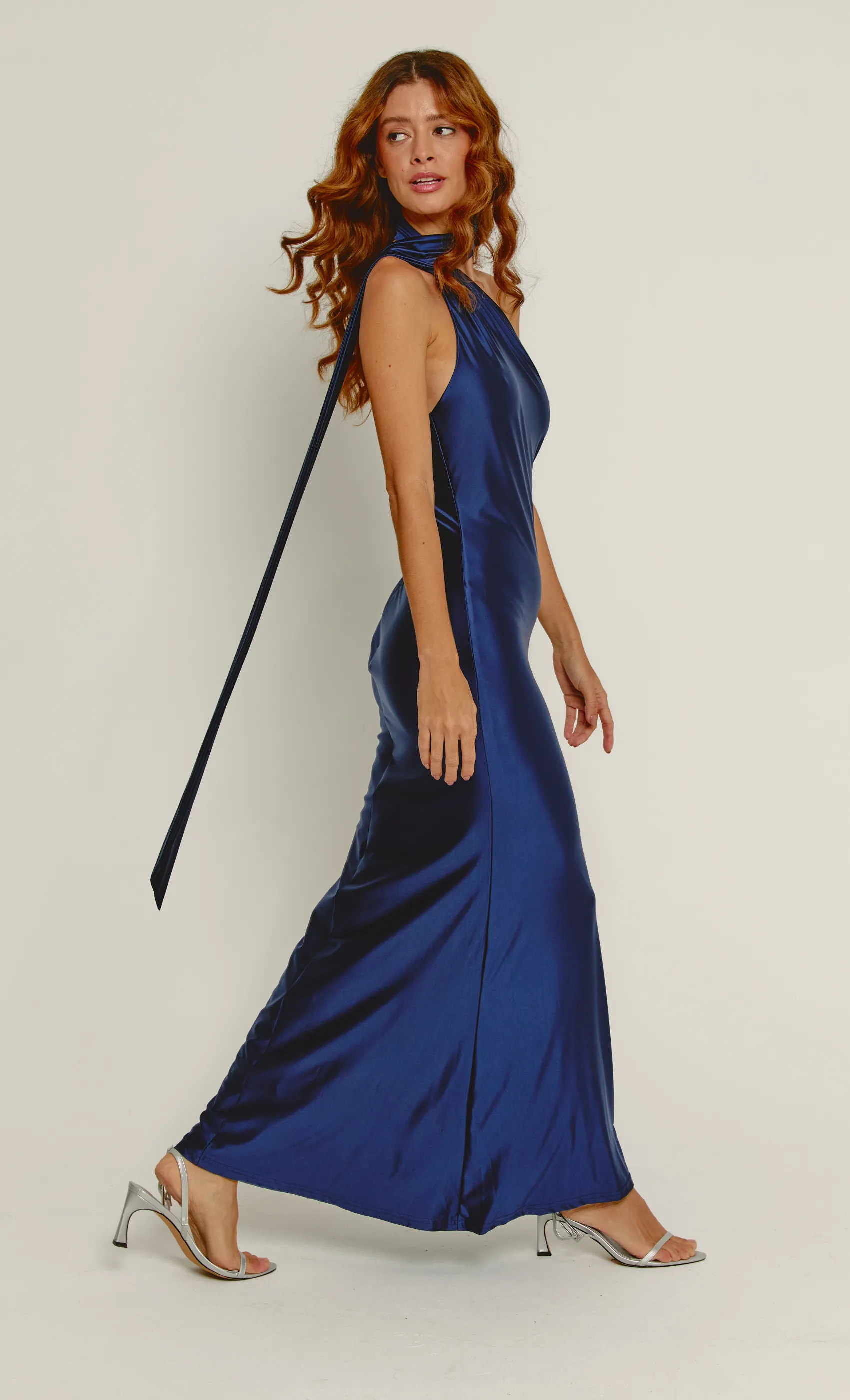 Navy Asymmetric Scarf Maxi Dress sold by Rare London
