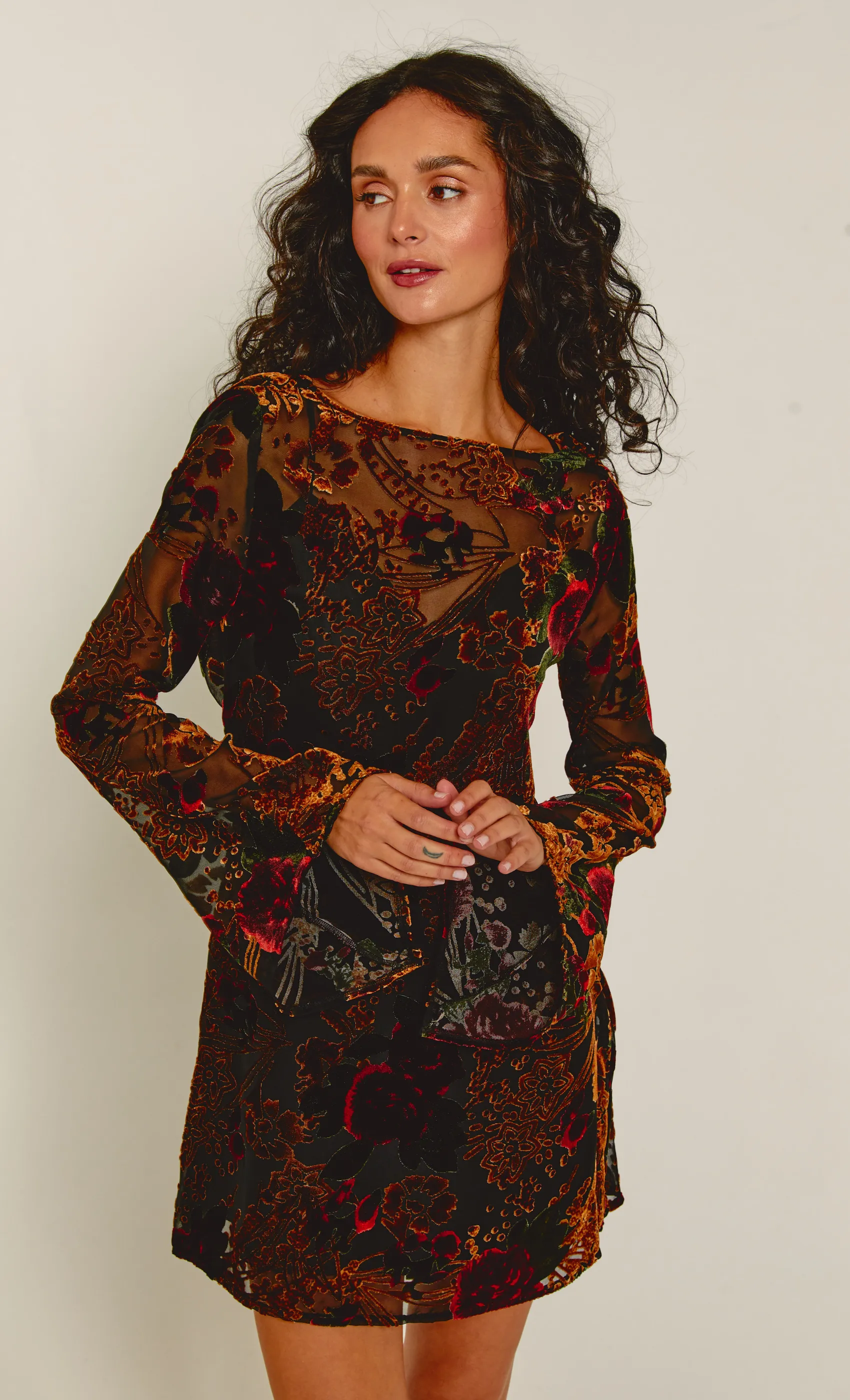 Brown Burnout Shift Mini Dress sold by Rare London