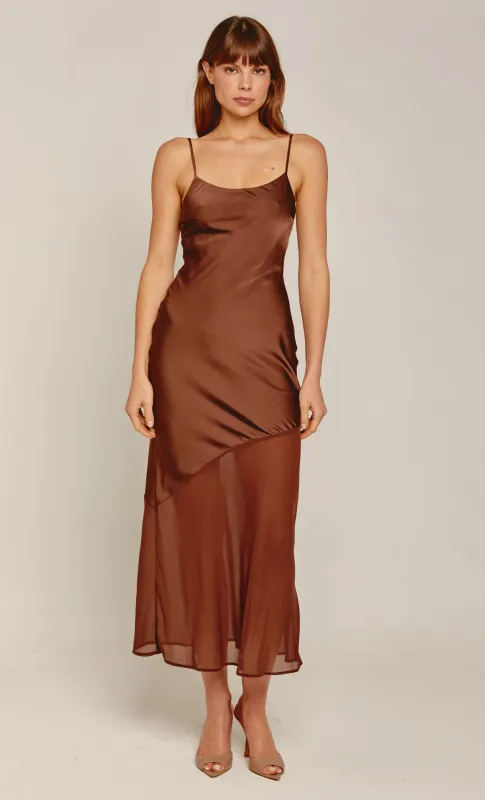 Chocolate Satin Slip Maxi Dress sold by Rare London