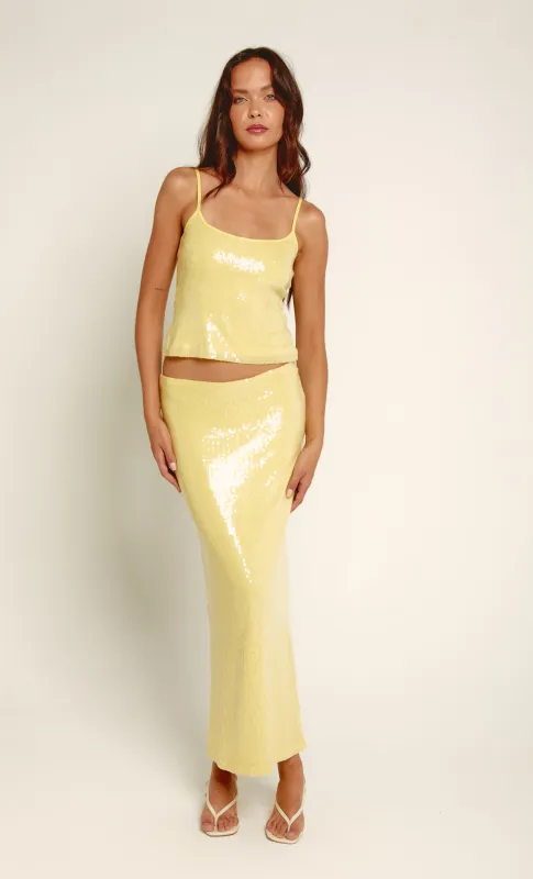 Yellow Sequin Midaxi Skirt sold by Rare London