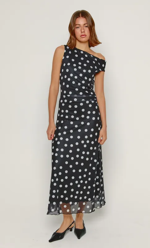 Black Polka Dot Fallen Shoulder Mesh Maxi Dress sold by Rare London