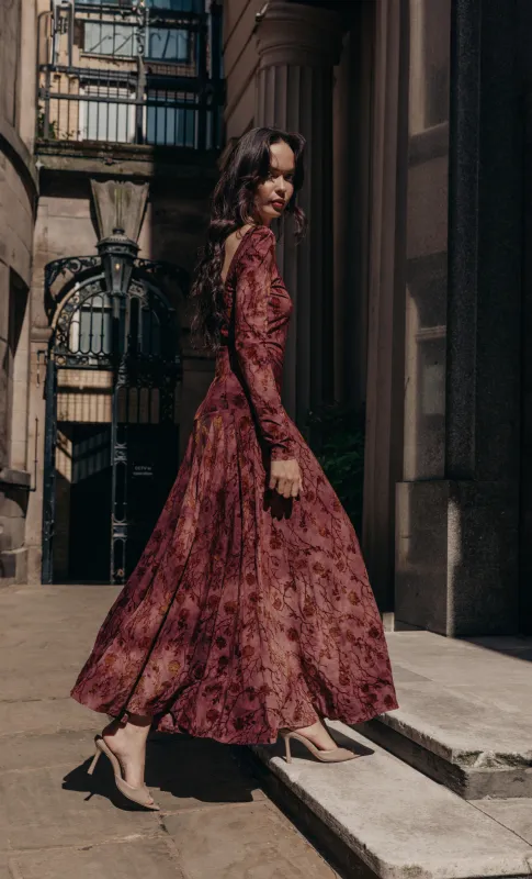 Mauve Floral Burnout Curve Maxi Dress sold by Rare London