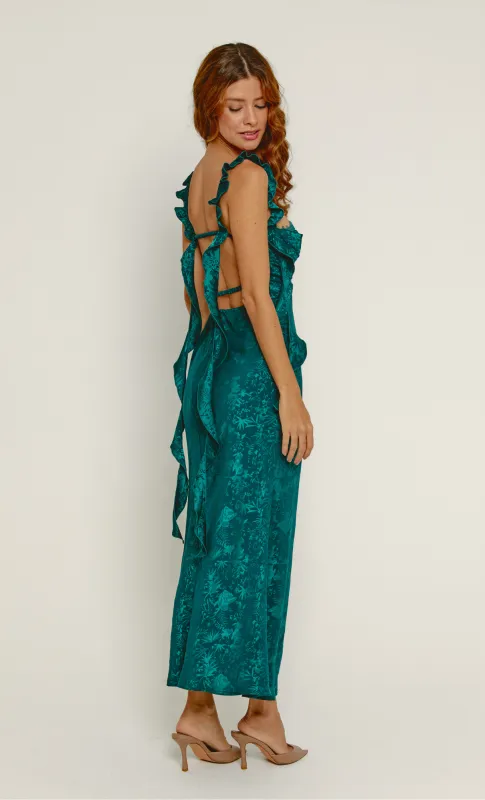 Emerald Satin Jacquard Backless Maxi Dress sold by Rare London