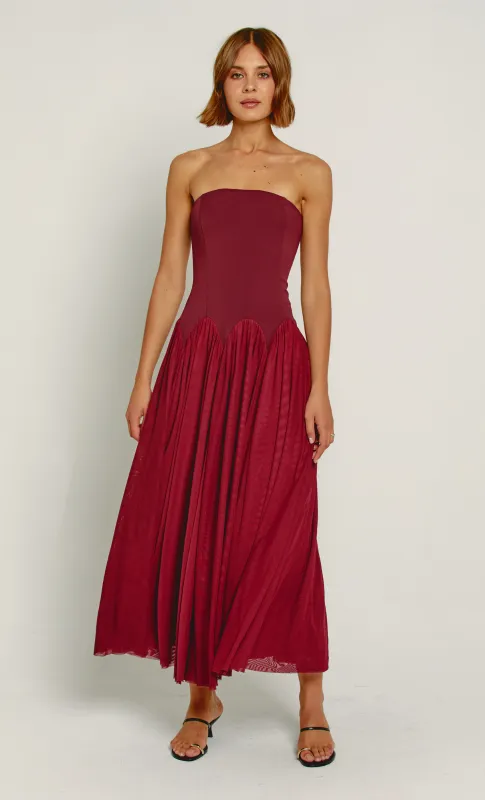 Wine Scallop Curve Waist Maxi Dress sold by Rare London