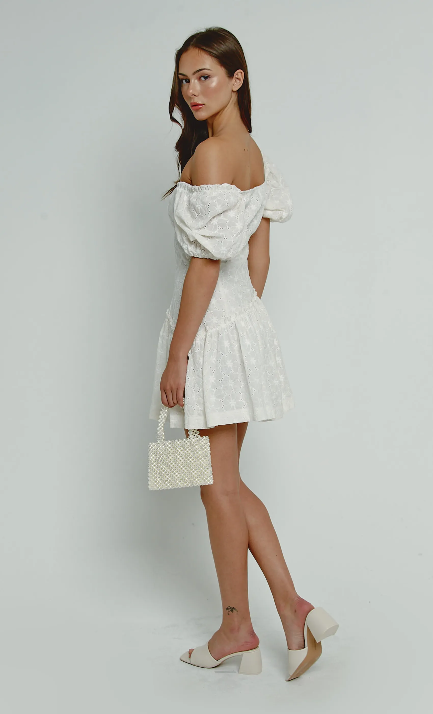White Broderie Puff Sleeve Mini Dress sold by Rare London product image thumbnail 3