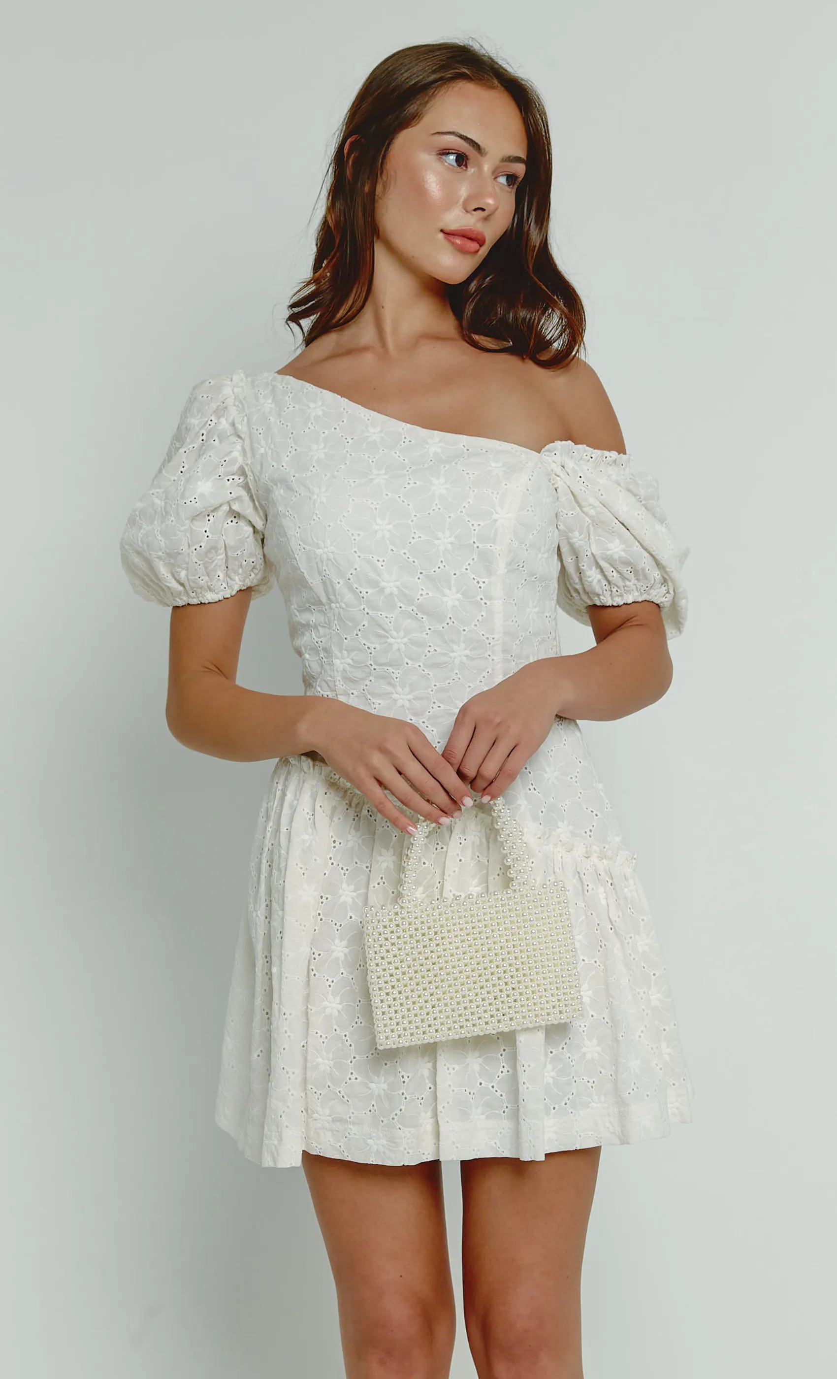 White Broderie Puff Sleeve Mini Dress sold by Rare London