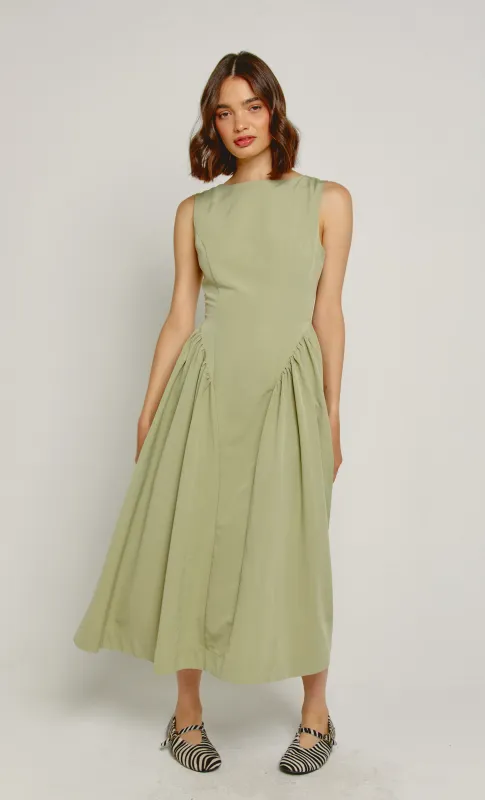 Olive Midi Dress with Gathered Waist sold by Rare London