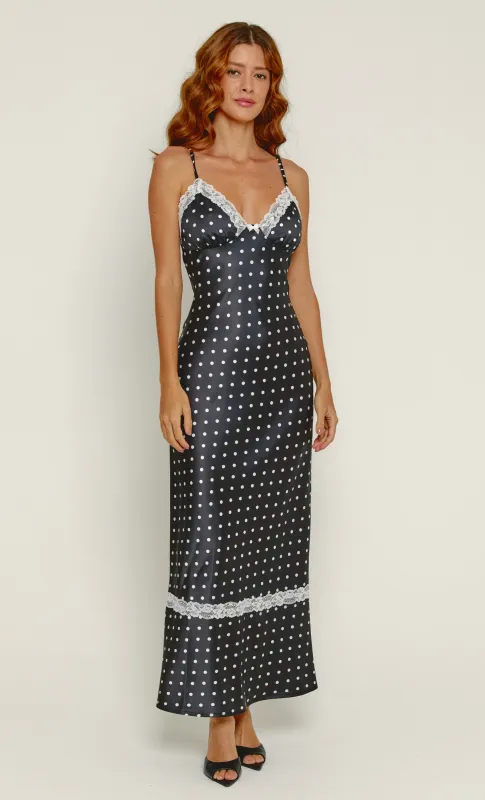 Polka Dot Satin Lace Trim Maxi Dress sold by Rare London