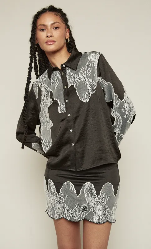 Black Lace Cutwork Detail Western Shirt sold by Rare London