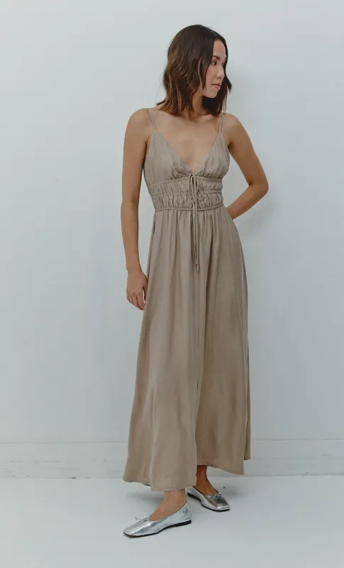 Taupe Ruched Waist Maxi Dress sold by Rare London