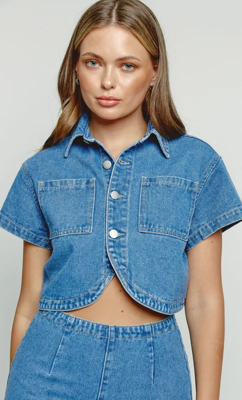 Denim Boxy Shirt with Curved Hem sold by Rare London