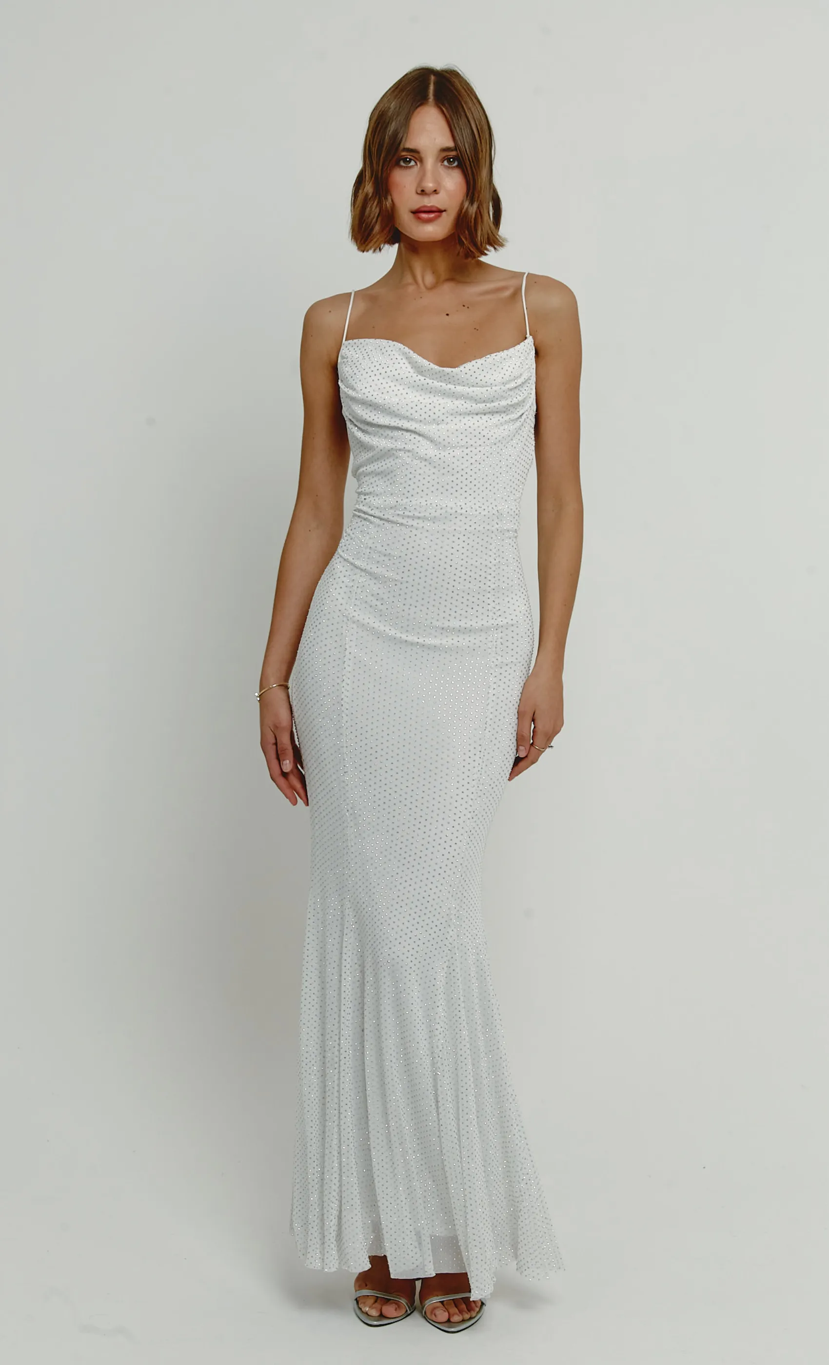 White Diamante Mesh Godet Maxi Dress sold by Rare London product image thumbnail 5