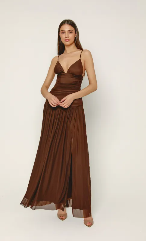 Brown Mesh Drop Waist Maxi Dress sold by Rare London
