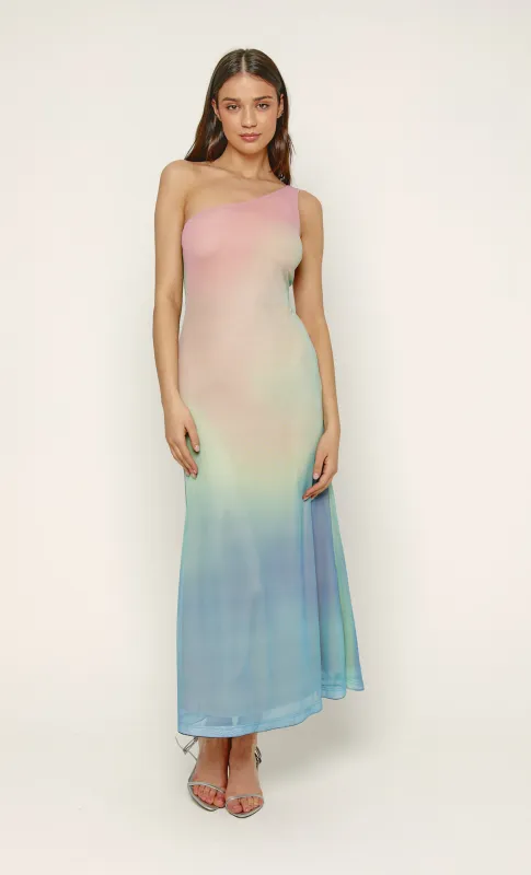 Ombre One-Shoulder Mesh Maxi Dress sold by Rare London