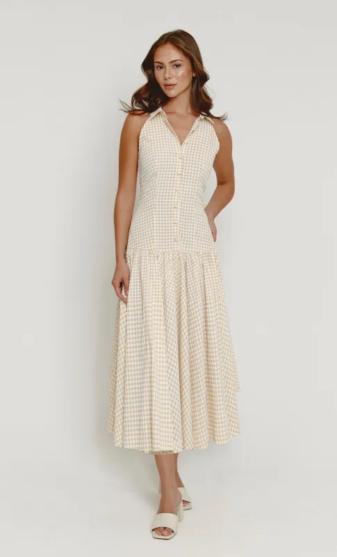 Lemon Gingham Drop Waist Midaxi Dress sold by Rare London