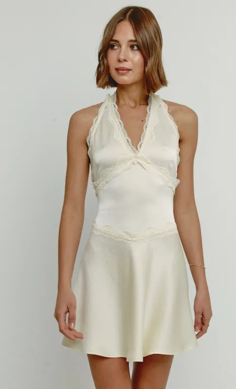 Butter Yellow Lace Detail Halter Mini Dress made by Rare London