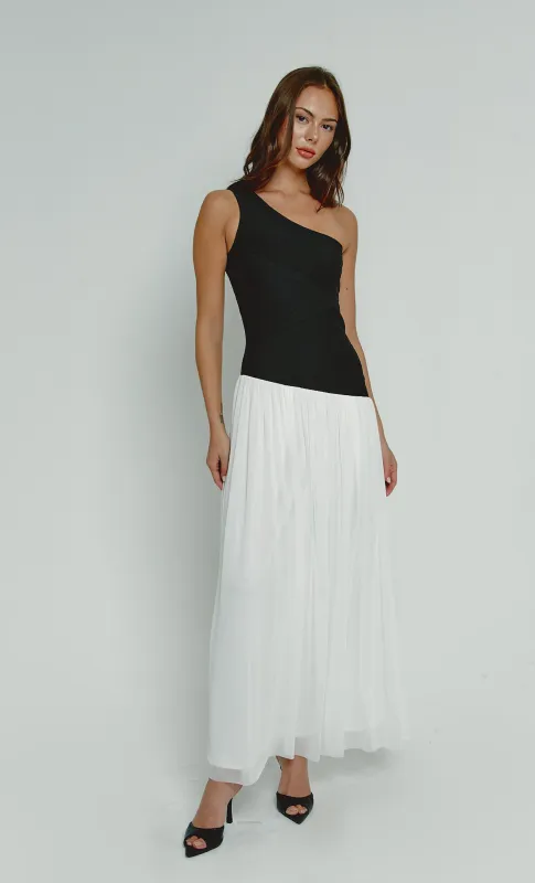 Black & White Bandage One-Shoulder Maxi Dress sold by Rare London