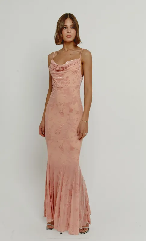 Blush Pink Floral Burnout Godet Maxi Dress sold by Rare London