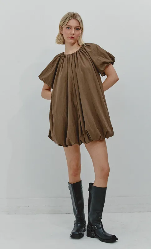 Brown Puffball Mini Dress sold by Rare London