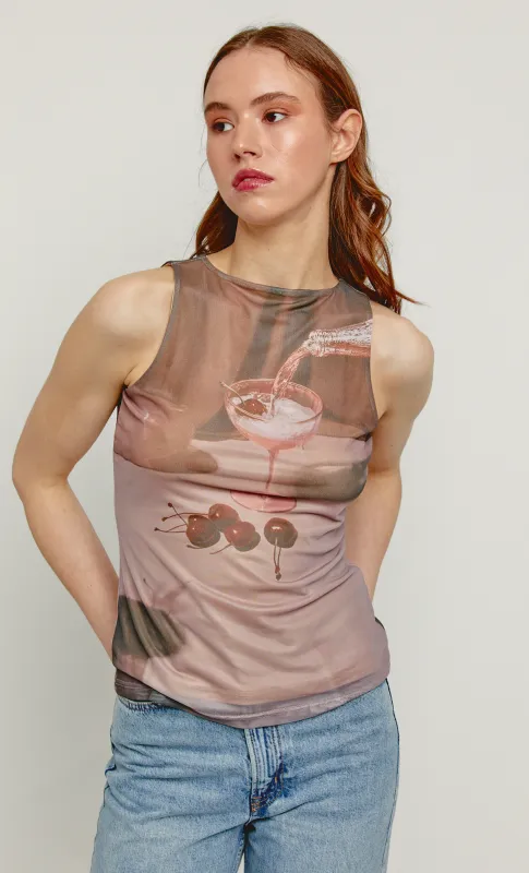 Cherry Martini Print Mesh Top sold by Rare London