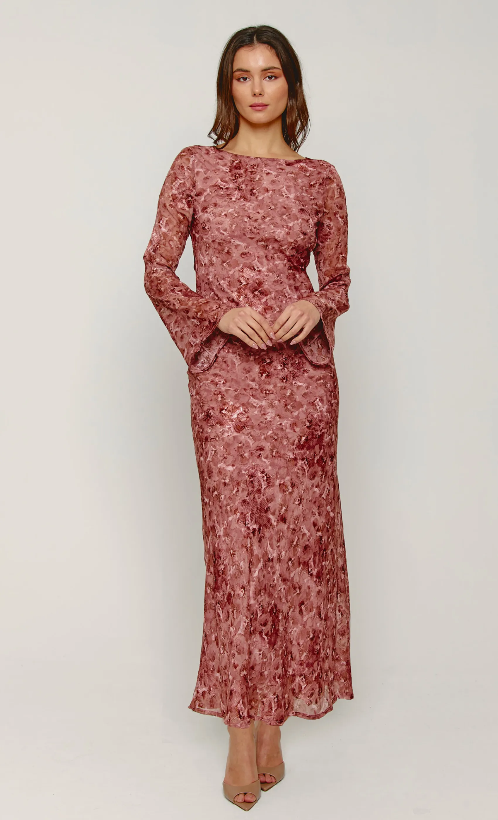 Mauve Bias Cowl Back Maxi Dress sold by Rare London