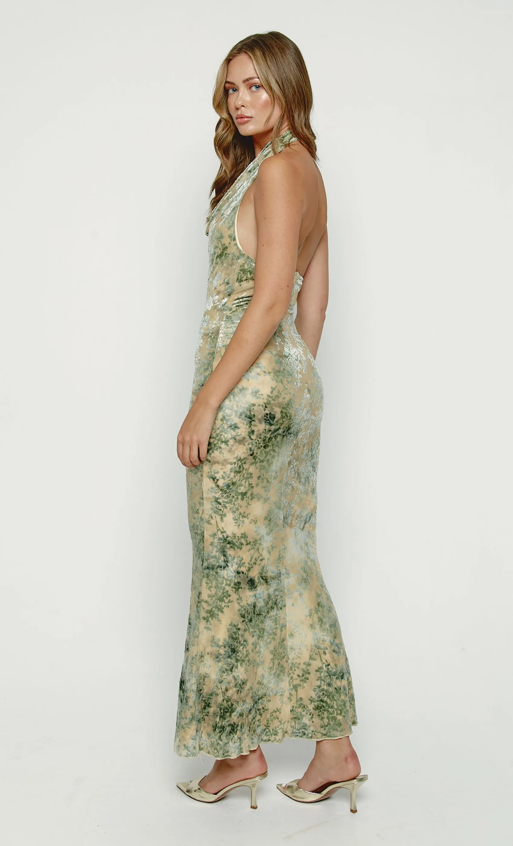 Olive Cowl Neck Devore Maxi Dress sold by Rare London product image thumbnail 3