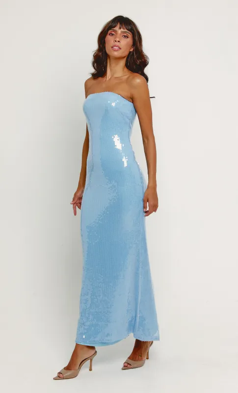 Blue Sequin Bandeau Maxi Dress sold by Rare London
