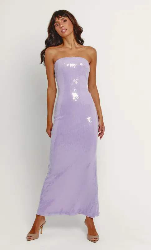Lilac Sequin Bandeau Maxi Dress sold by Rare London