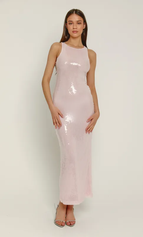 Pink Sheer Sequin Racerback Maxi Dress sold by Rare London