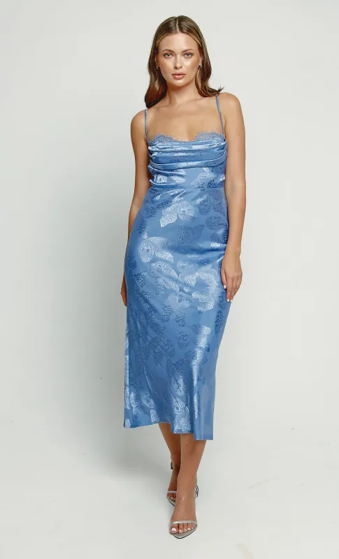 Blue Satin Jacquard Butterfly Maxi Dress sold by Rare London