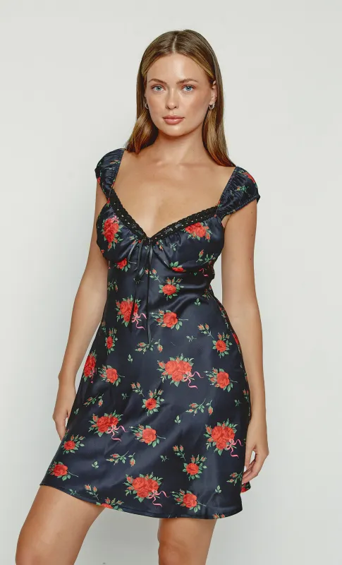 Black Mini Satin Floral Dress sold by Rare London