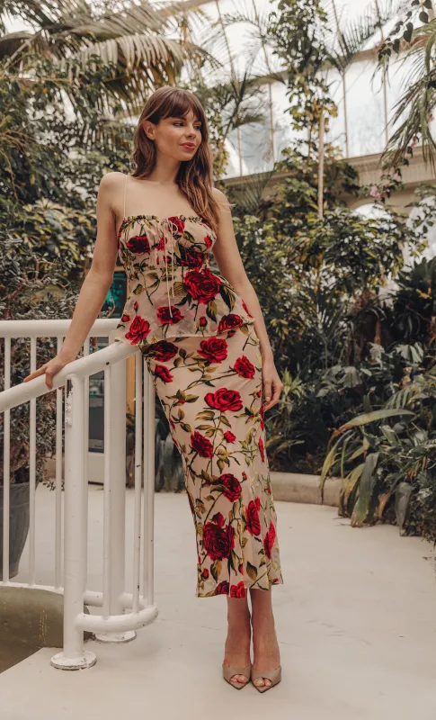 Floral Rose Bias Cut Maxi Skirt sold by Rare London